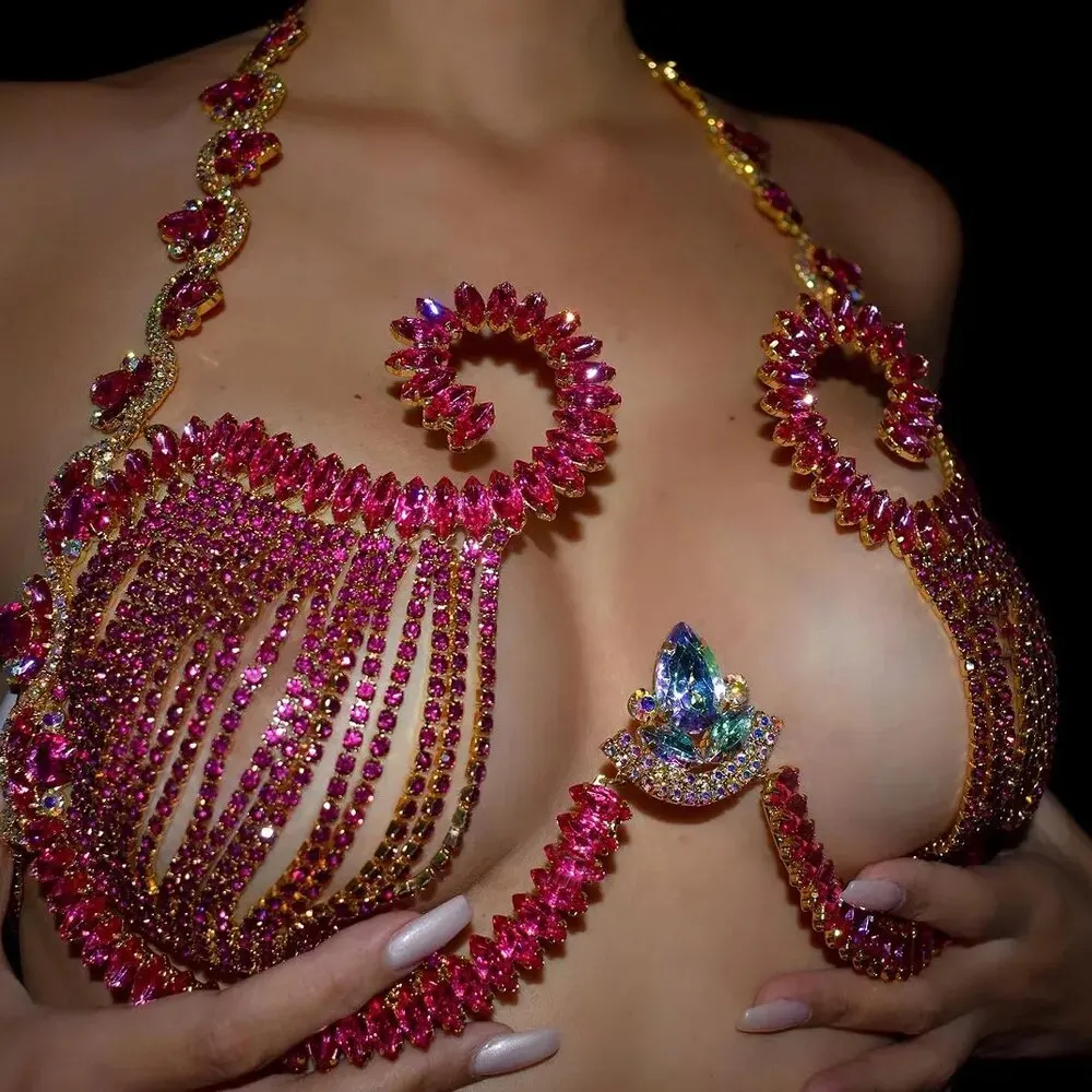 Body Jewelry Bra - Rave Pink Crystal Chest Bracket Sexy